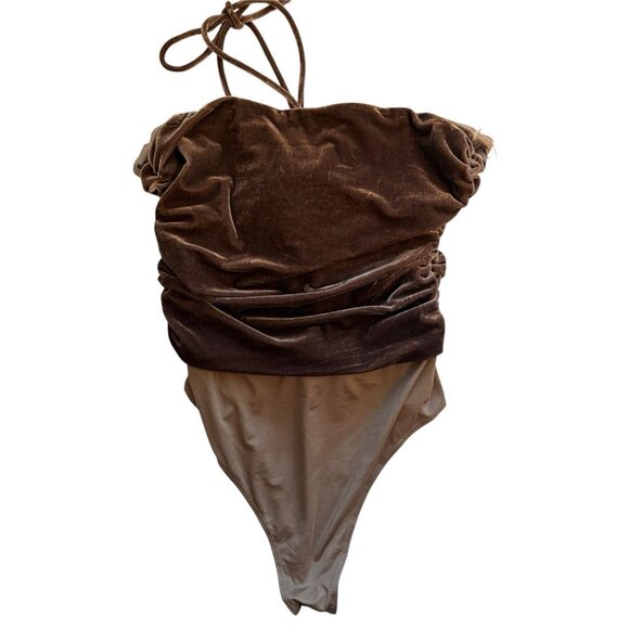 Entro Women’s Velvet Ruched V-Neck Halter Neck Bodysuit Brown Flower Size Medium - Picture 2 of 9